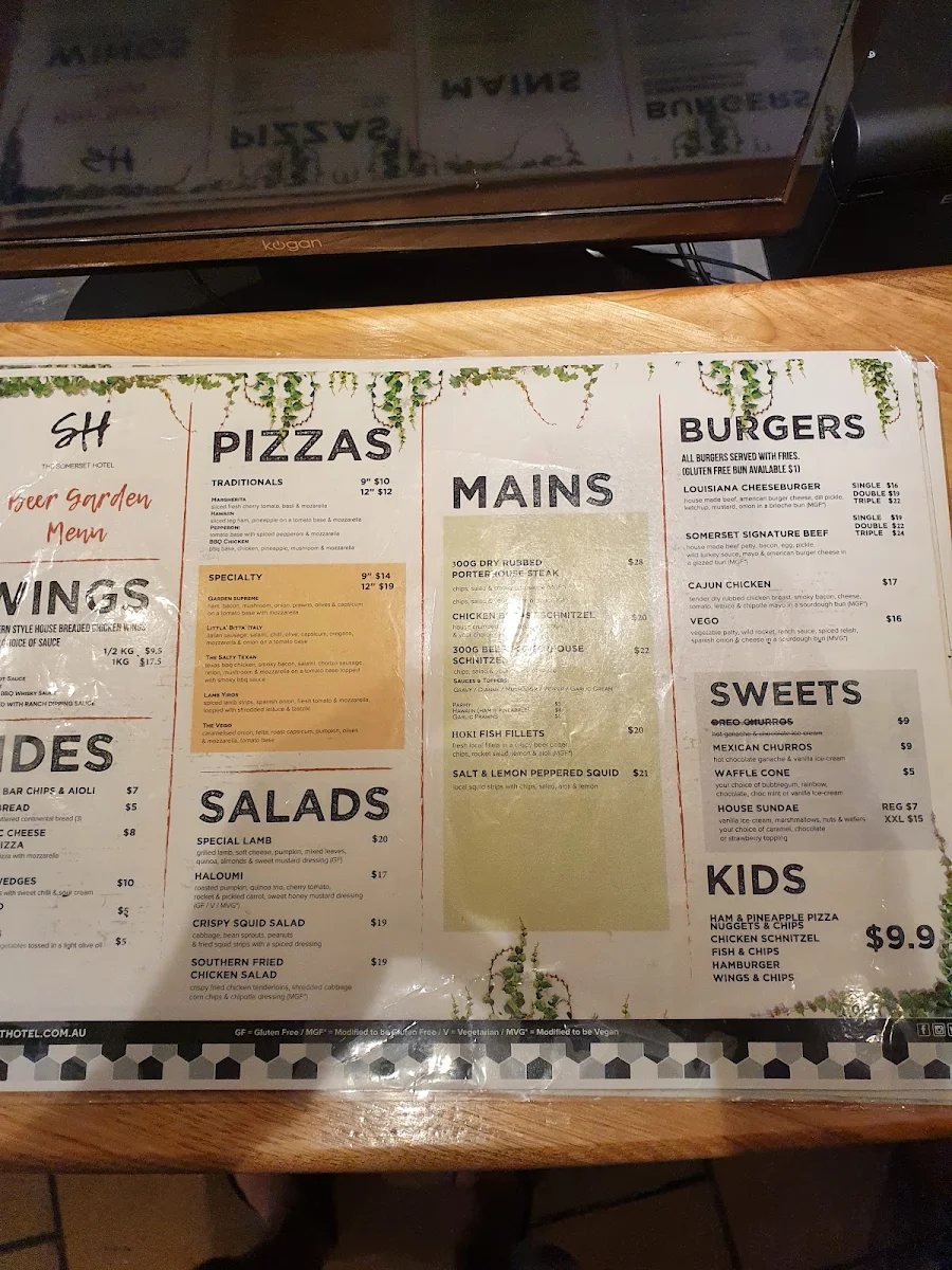 Menu, The Somerset Hotel