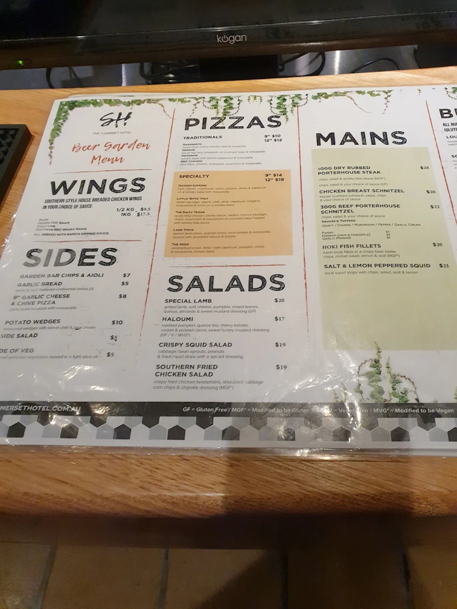 Menu, The Somerset Hotel