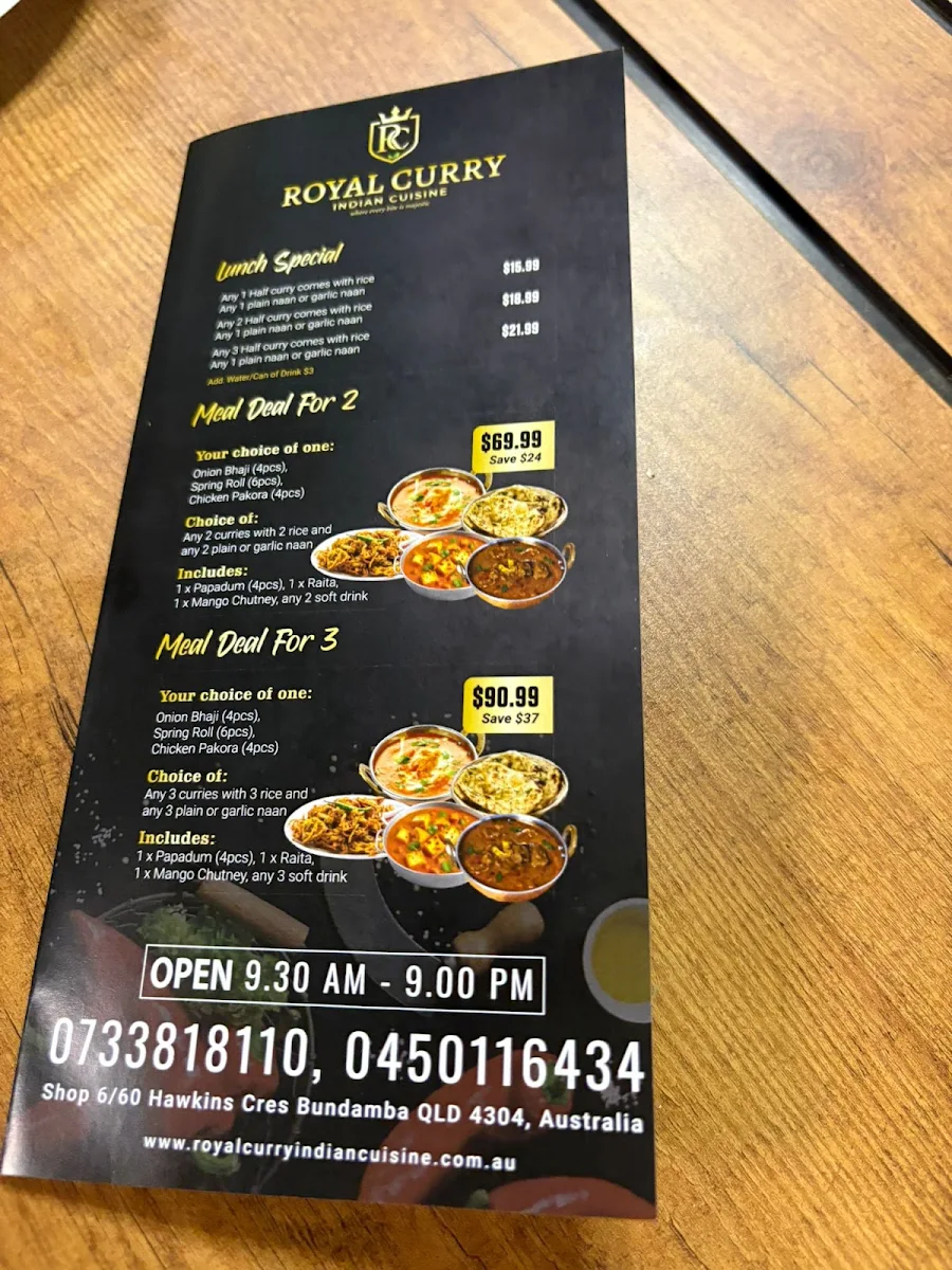 Menu, Royal Curry Indian Cuisine