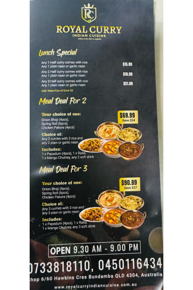 Menu, Royal Curry Indian Cuisine