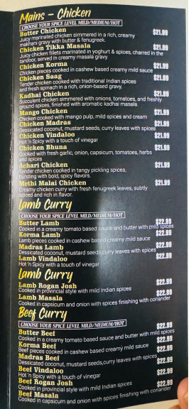Menu, Royal Curry Indian Cuisine
