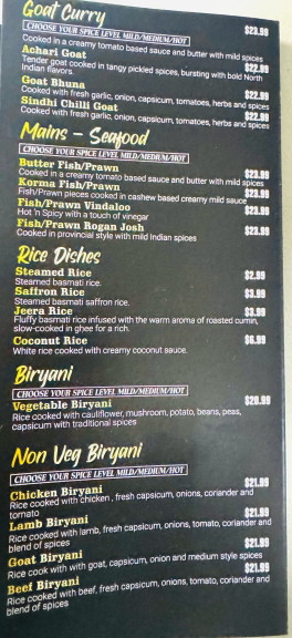 Menu, Royal Curry Indian Cuisine