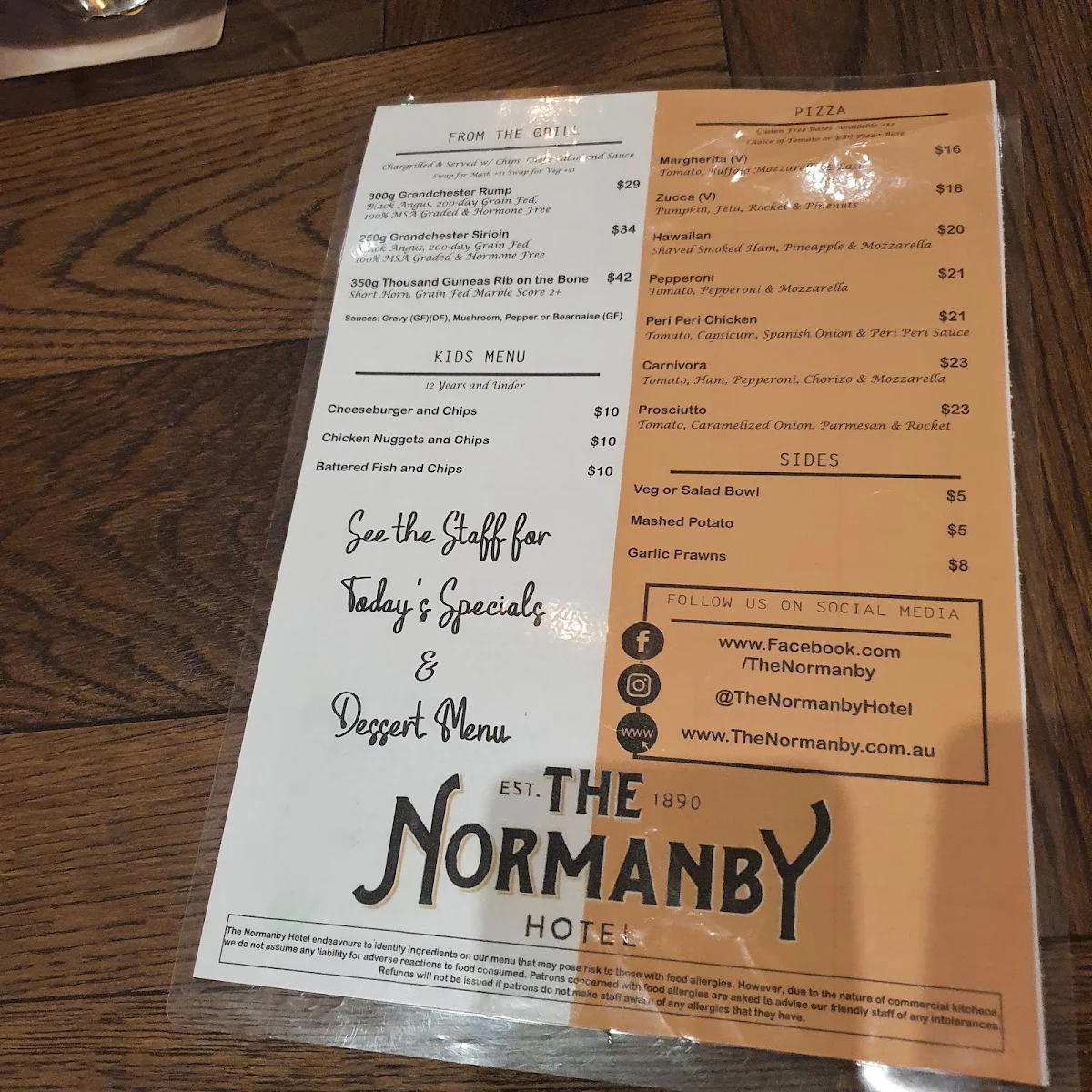 Menu, The Normanby Hotel