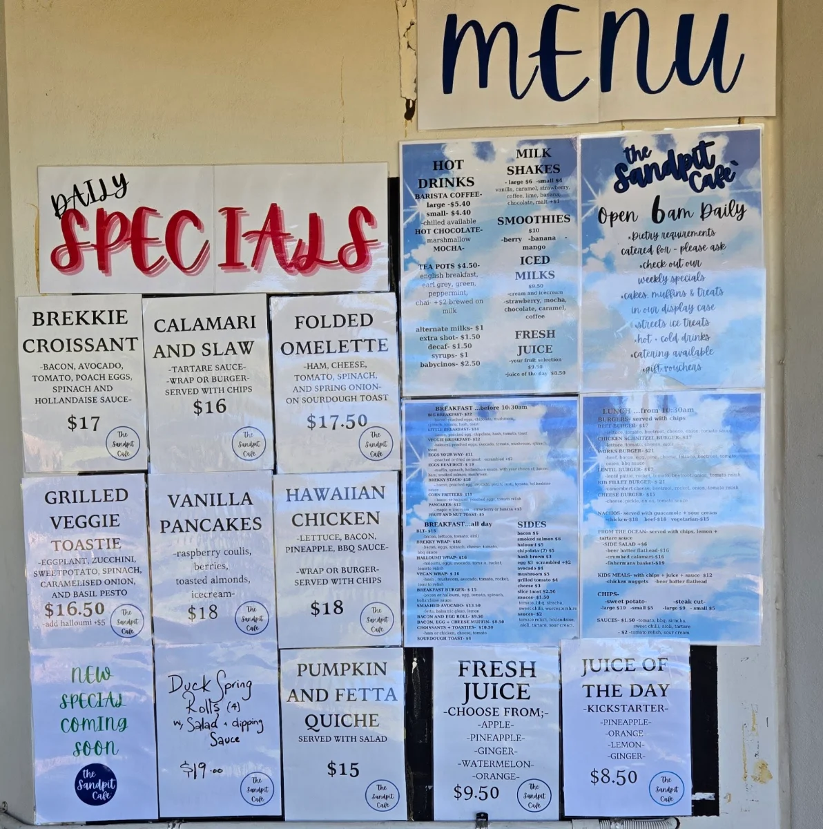 Menu, Sandpit Cafe