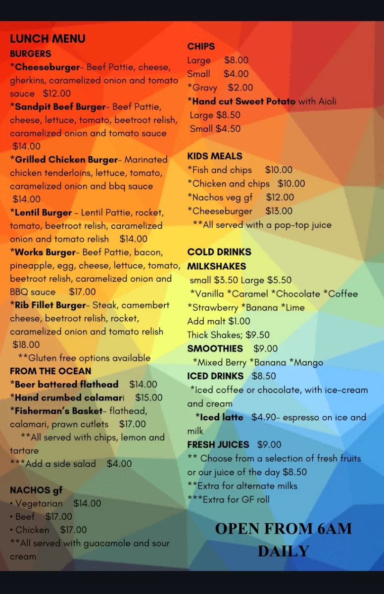 Menu, Sandpit Cafe