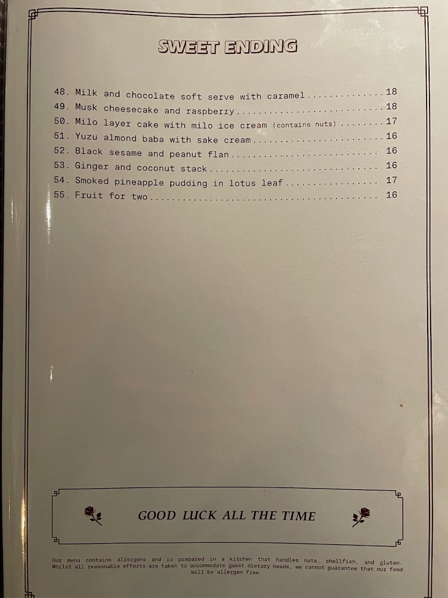 Menu, Good Luck Eating House
