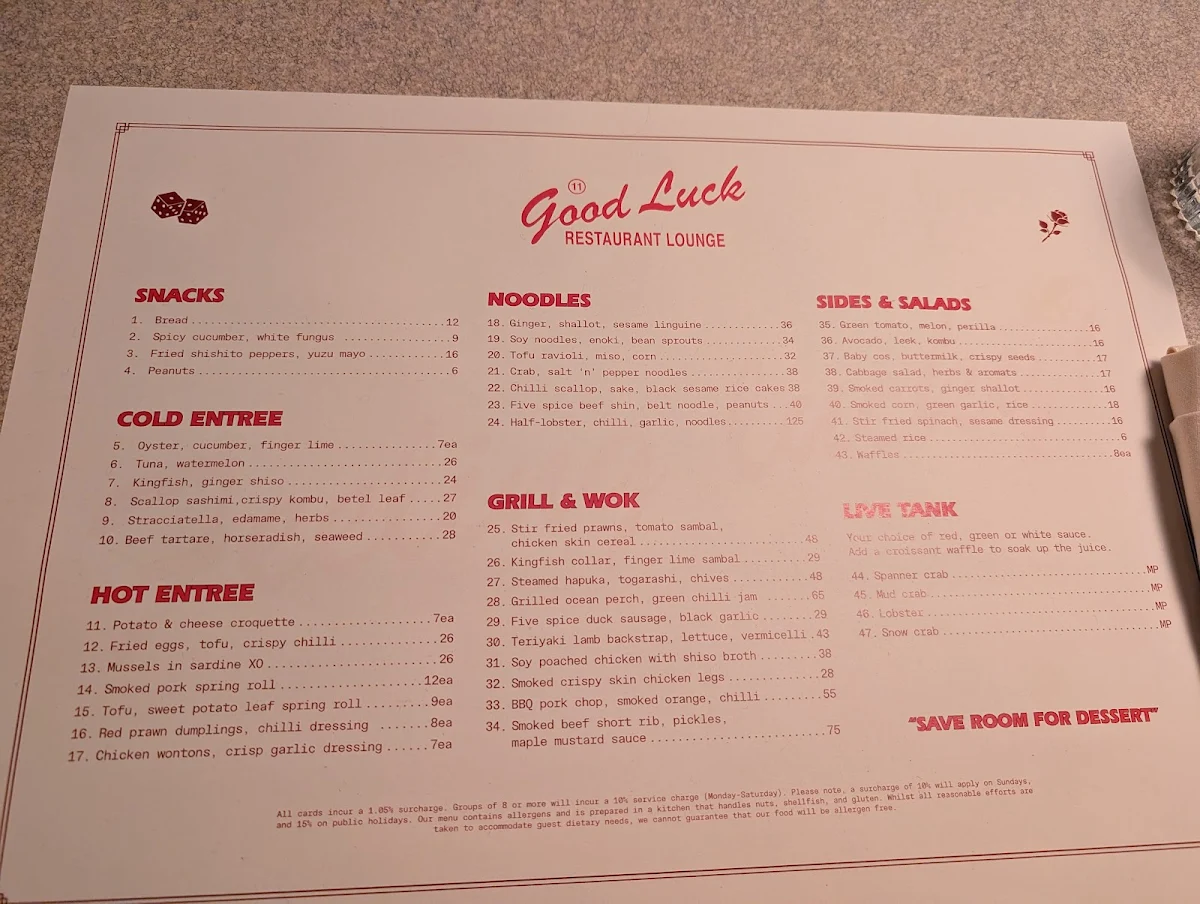 Menu, Good Luck Eating House