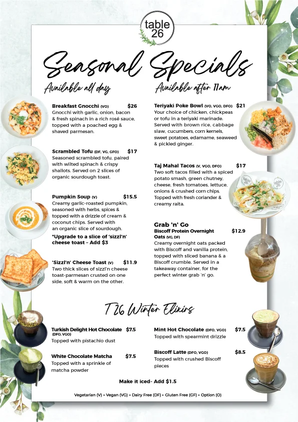 Menu, Table 26 West End