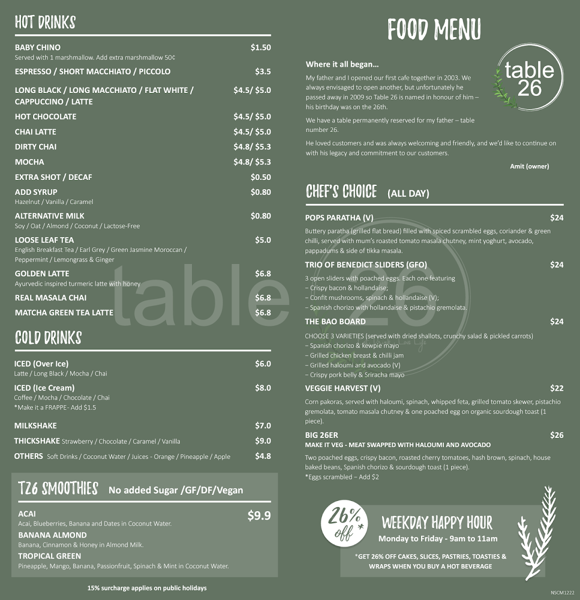 Menu, Table 26 West End