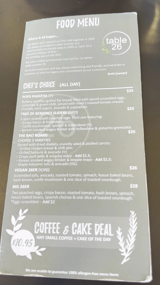 Menu, Table 26 West End