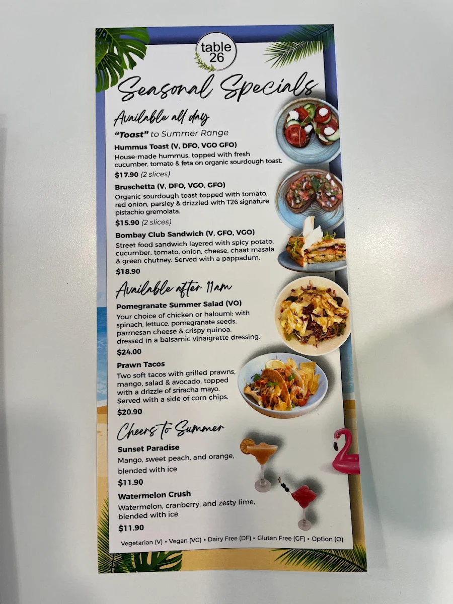 Menu, Table 26 West End