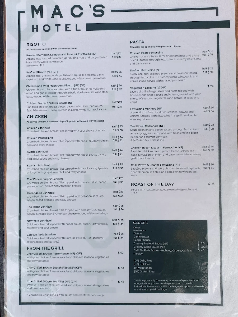 Menu, Mac’s Hotel