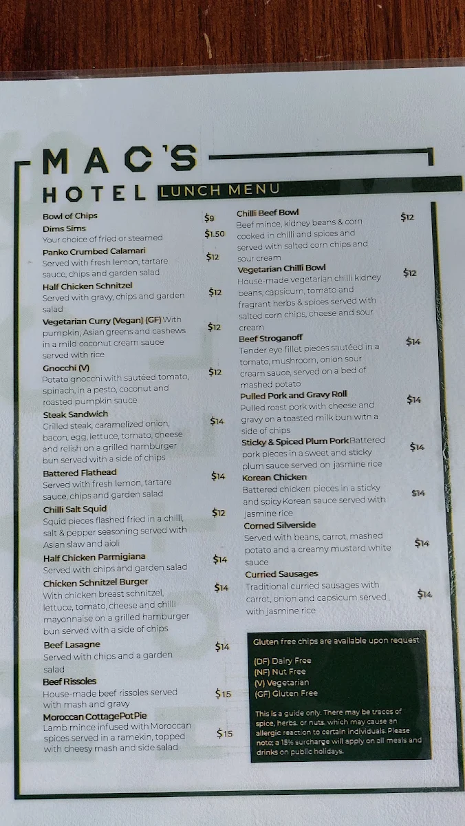 Menu, Mac’s Hotel