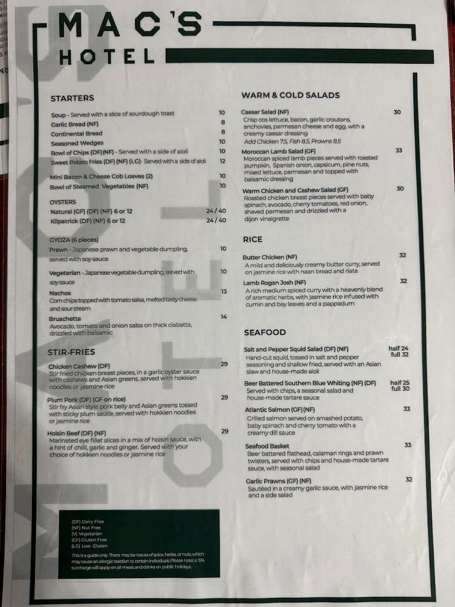 Menu, Mac’s Hotel