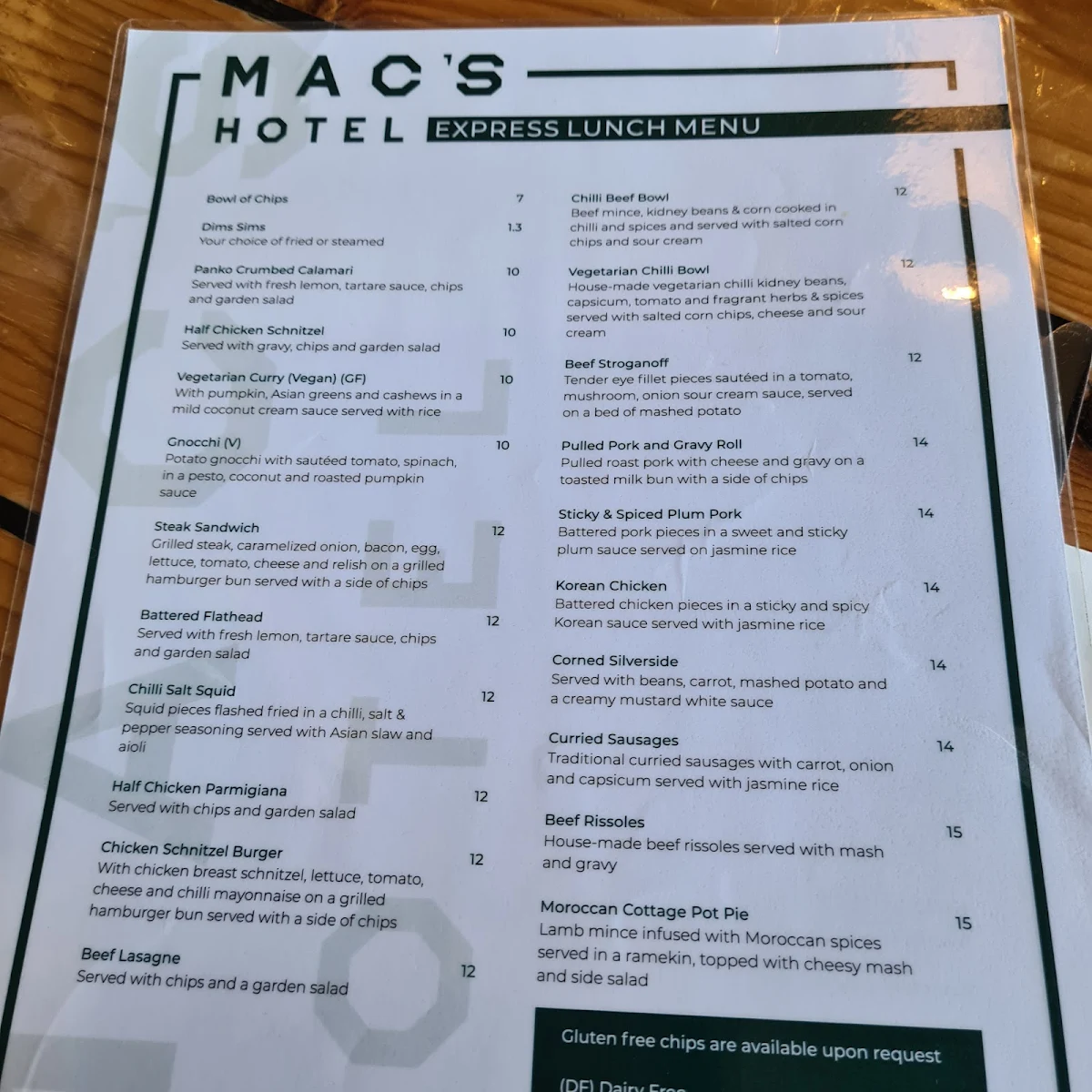 Menu, Mac’s Hotel