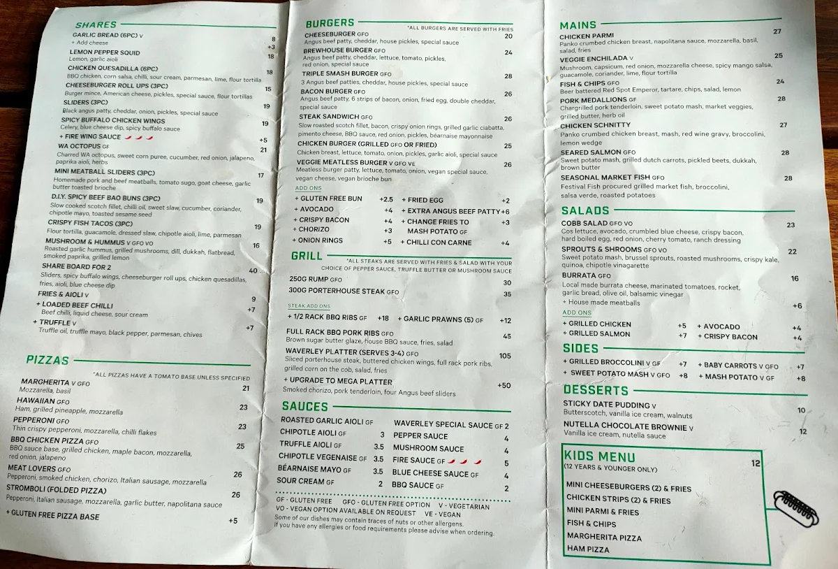 Menu, The Waverley Brewhouse