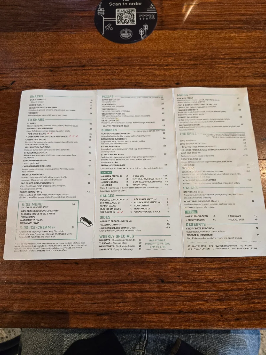 Menu, The Waverley Brewhouse