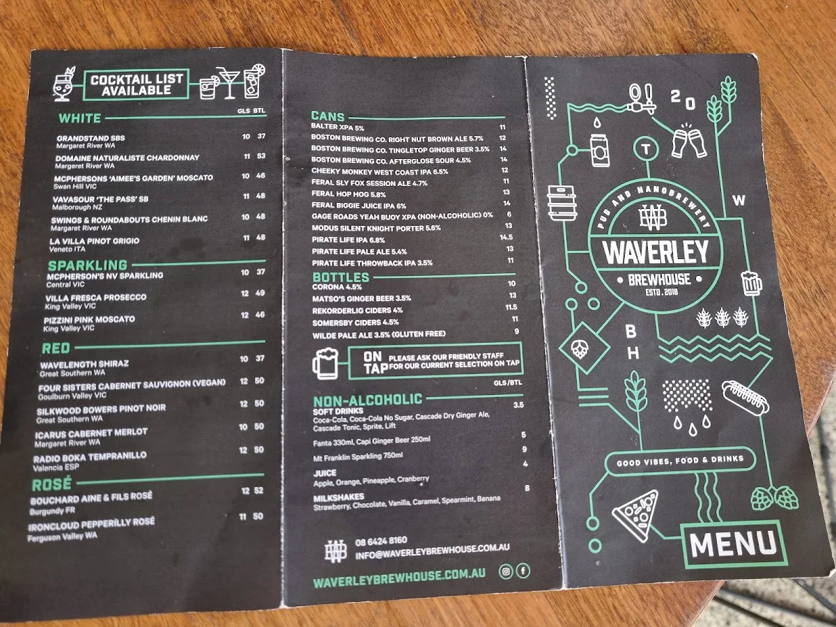 Menu, The Waverley Brewhouse