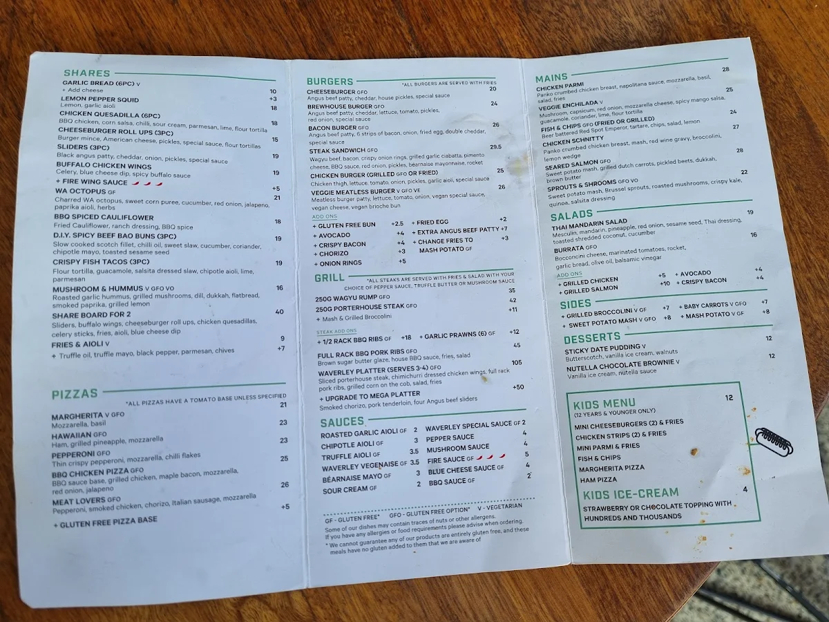 Menu, The Waverley Brewhouse