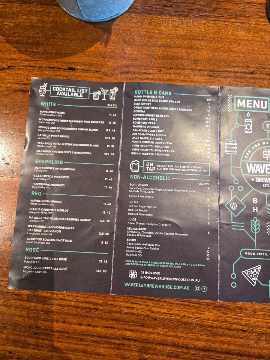 Menu, The Waverley Brewhouse