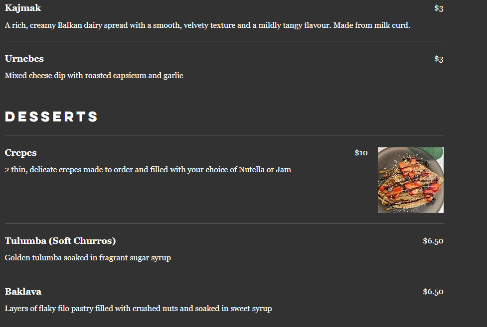 Menu, Teo's Charcoal Grill