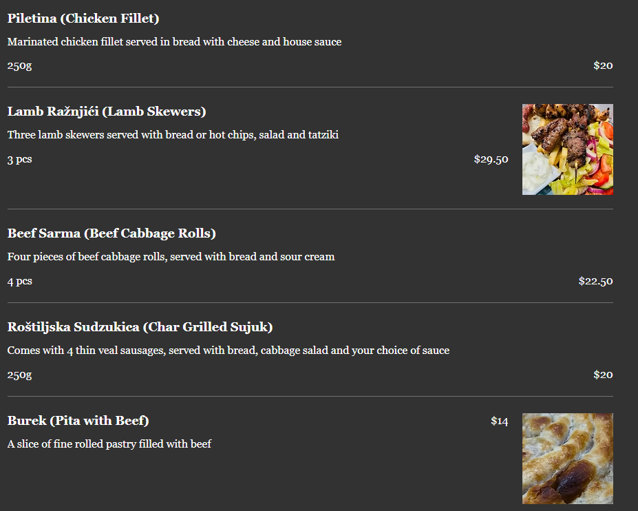 Menu, Teo's Charcoal Grill