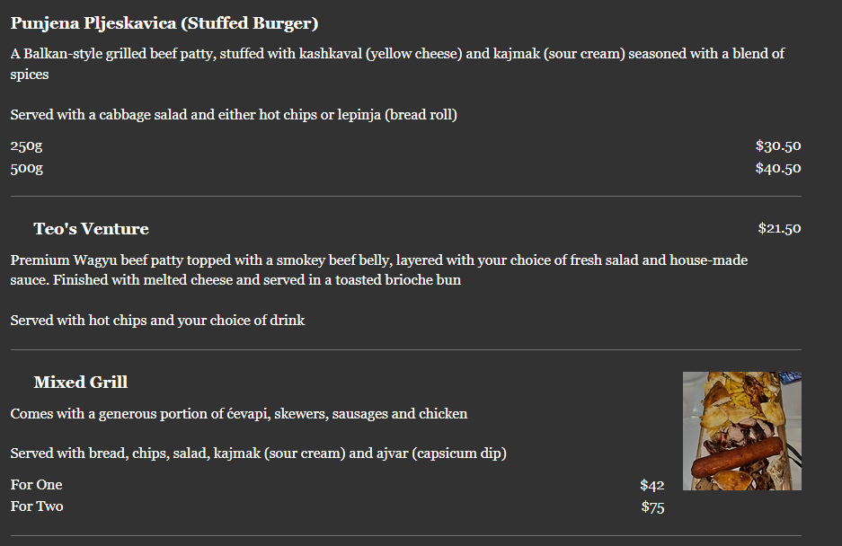 Menu, Teo's Charcoal Grill