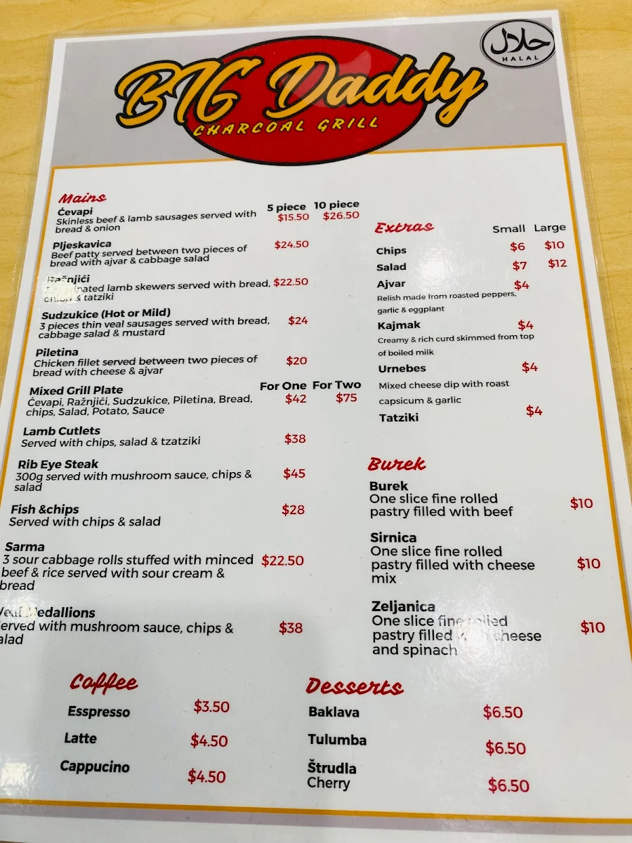 Menu, Teo's Charcoal Grill