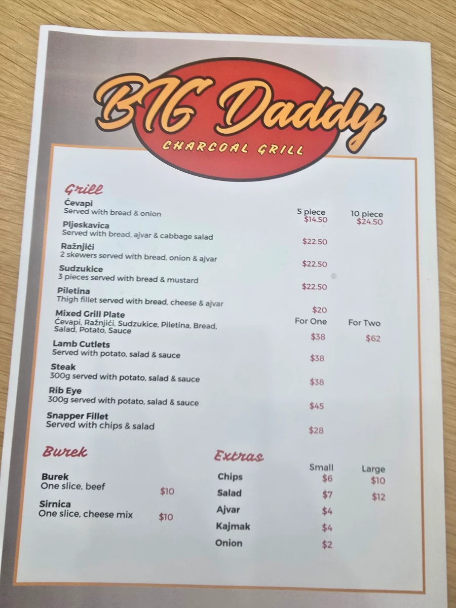 Menu, Teo's Charcoal Grill
