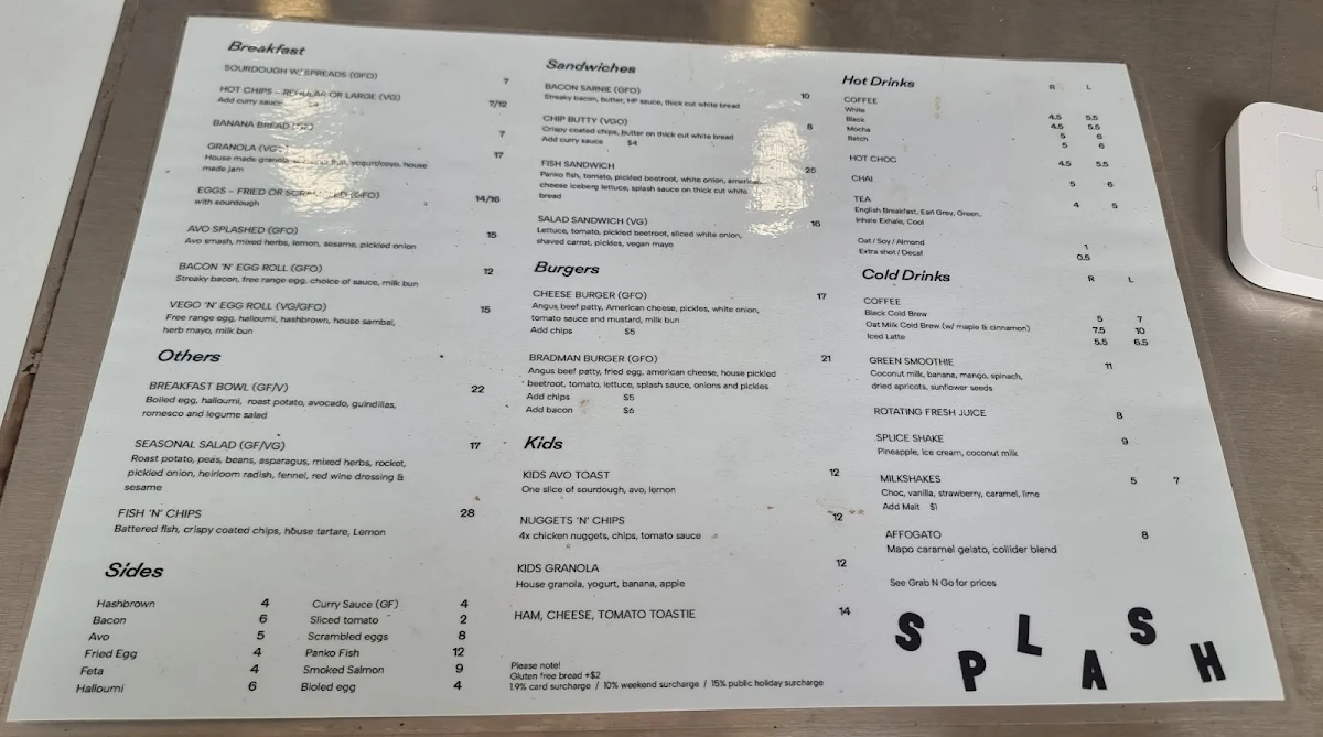 Menu, Splash Coffee