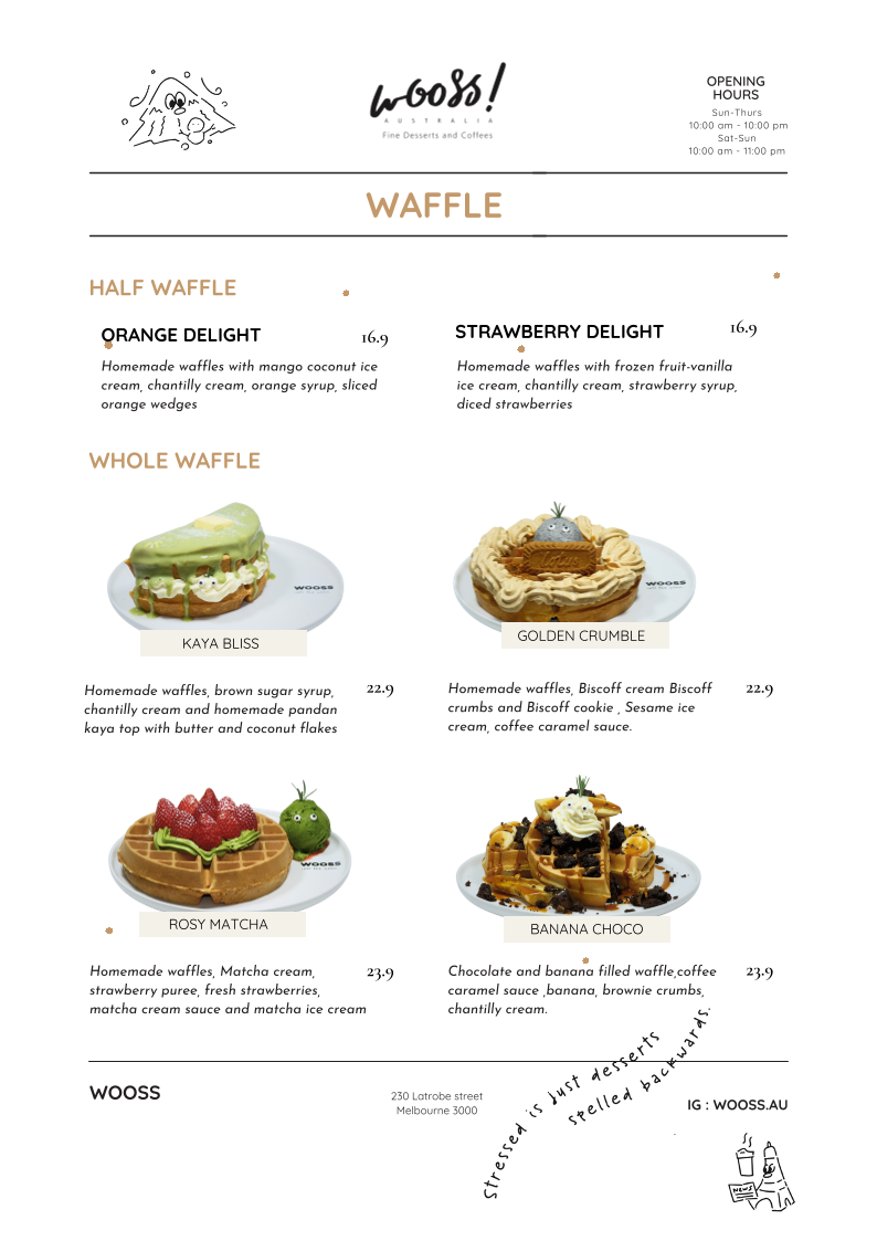 Menu, WOOSS Au Desserts and Cafe