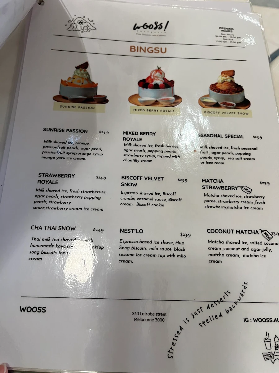 Menu, WOOSS Au Desserts and Cafe