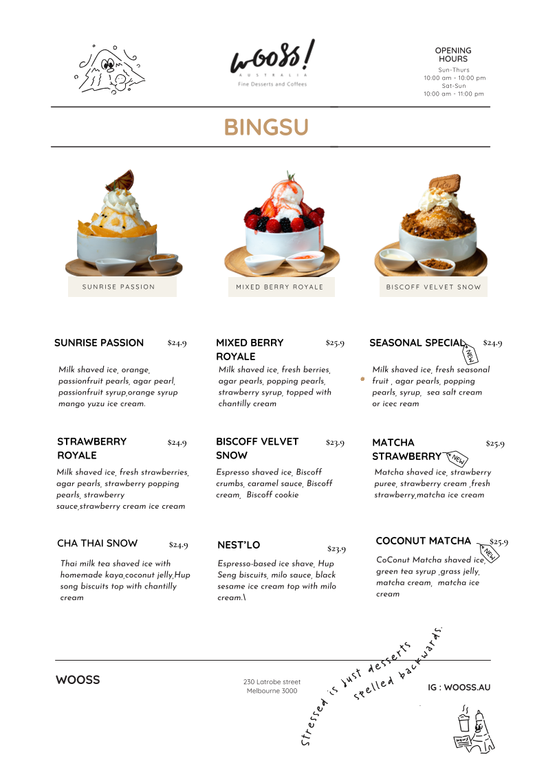 Menu, WOOSS Au Desserts and Cafe