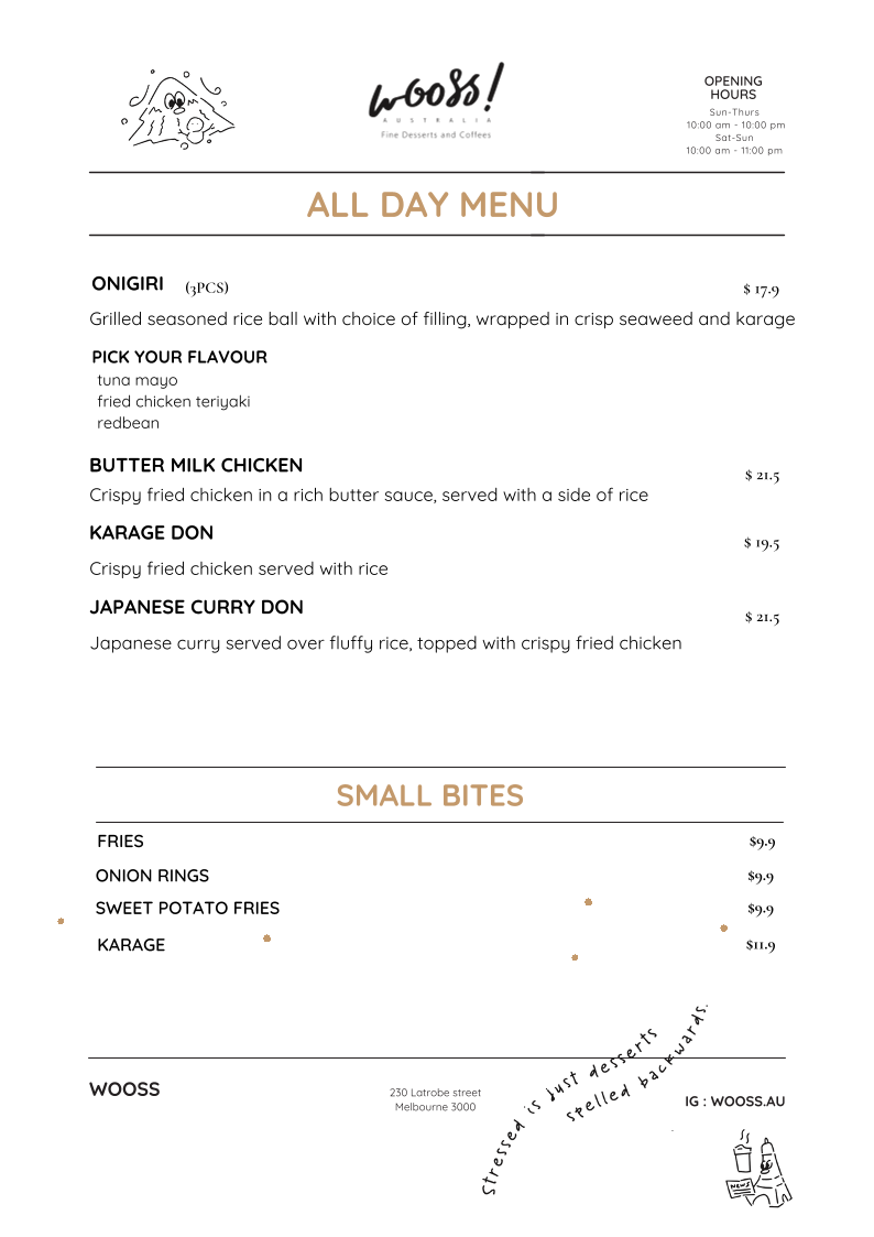 Menu, WOOSS Au Desserts and Cafe