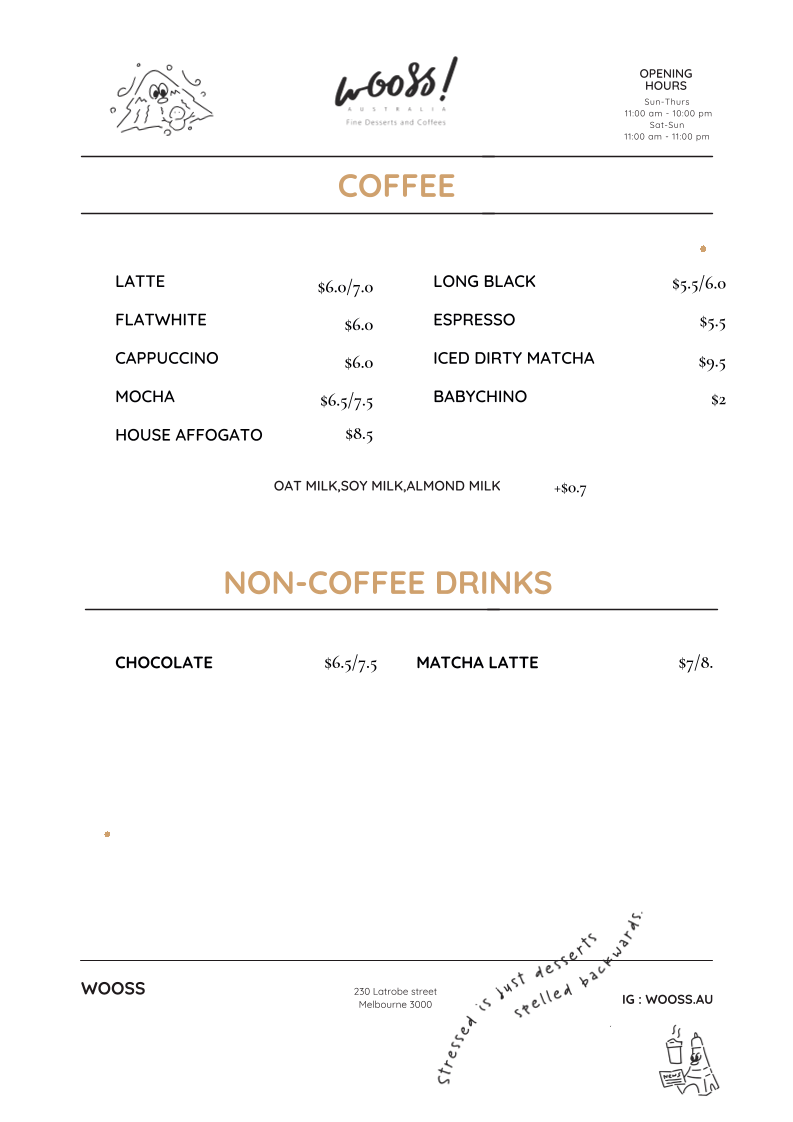 Menu, WOOSS Au Desserts and Cafe