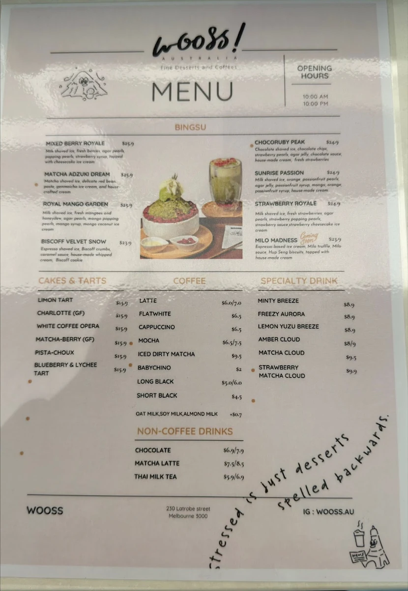 Menu, WOOSS Au Desserts and Cafe