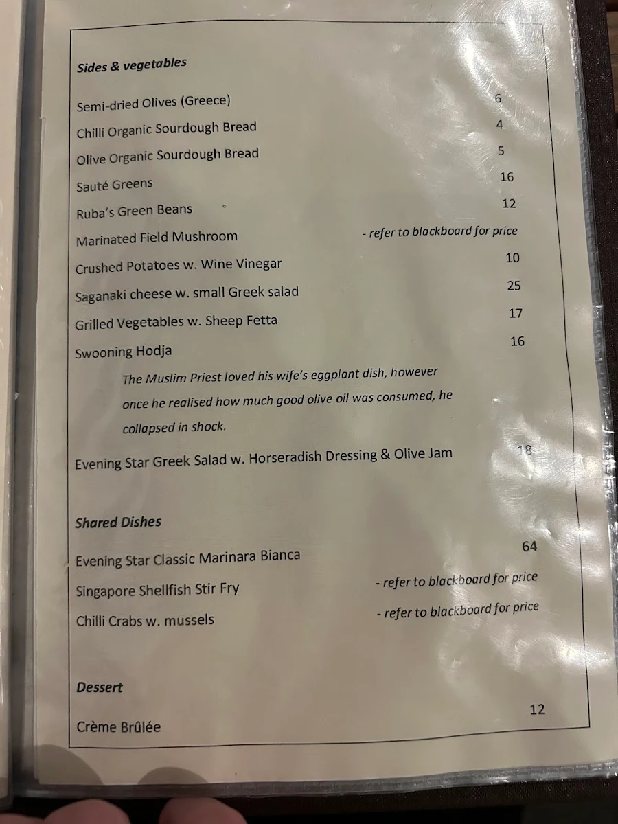 Menu, Claypots Evening Star