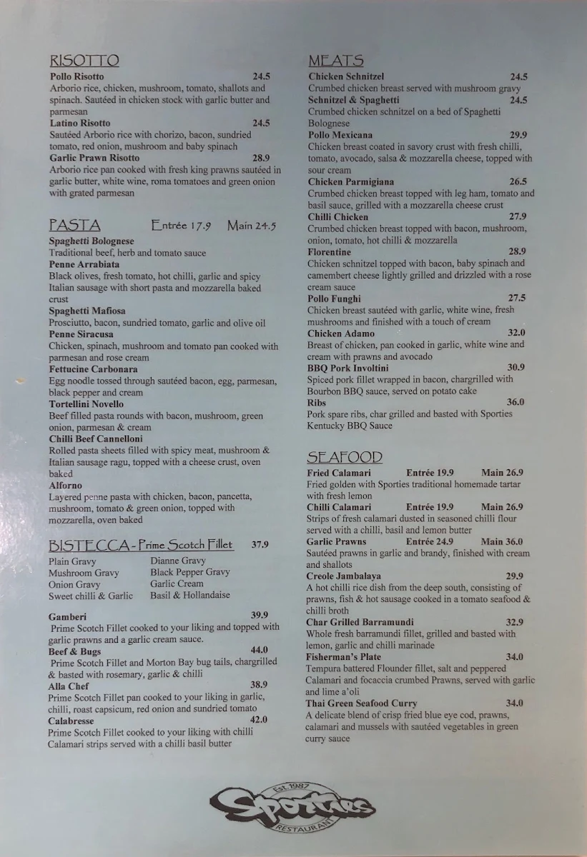 Menu, Sporties Restaurant