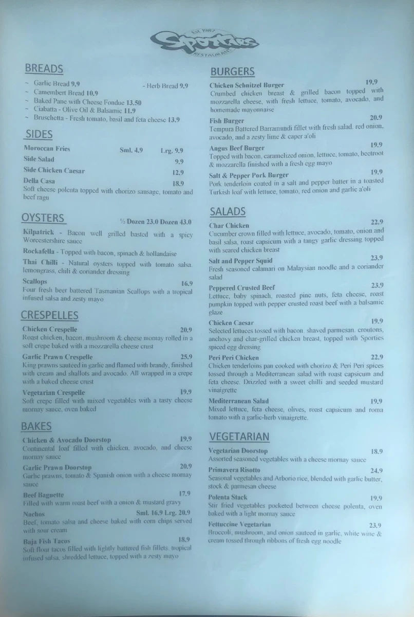 Menu, Sporties Restaurant