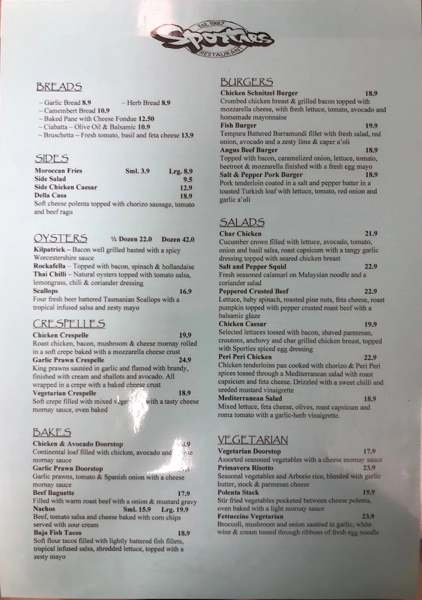 Menu, Sporties Restaurant