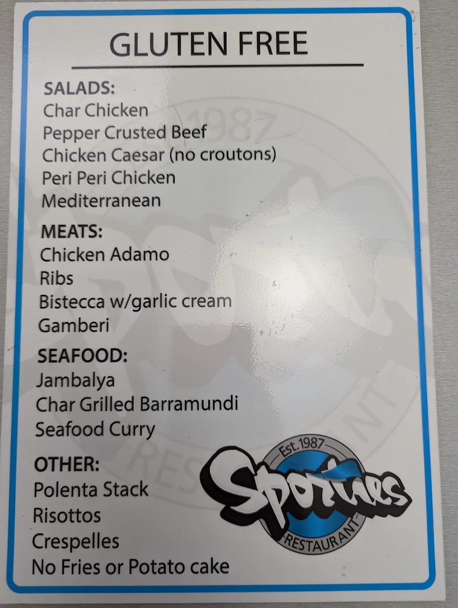 Menu, Sporties Restaurant