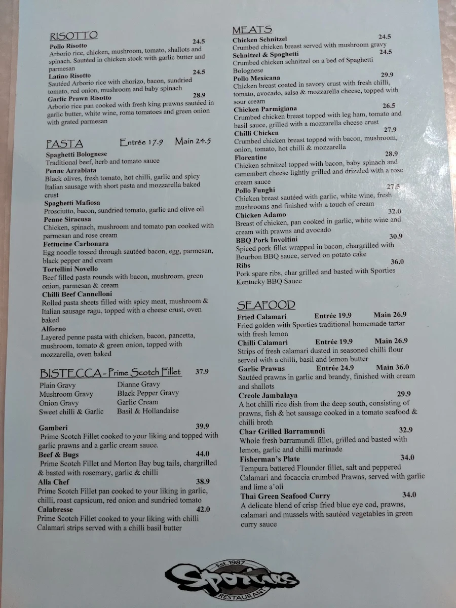 Menu, Sporties Restaurant