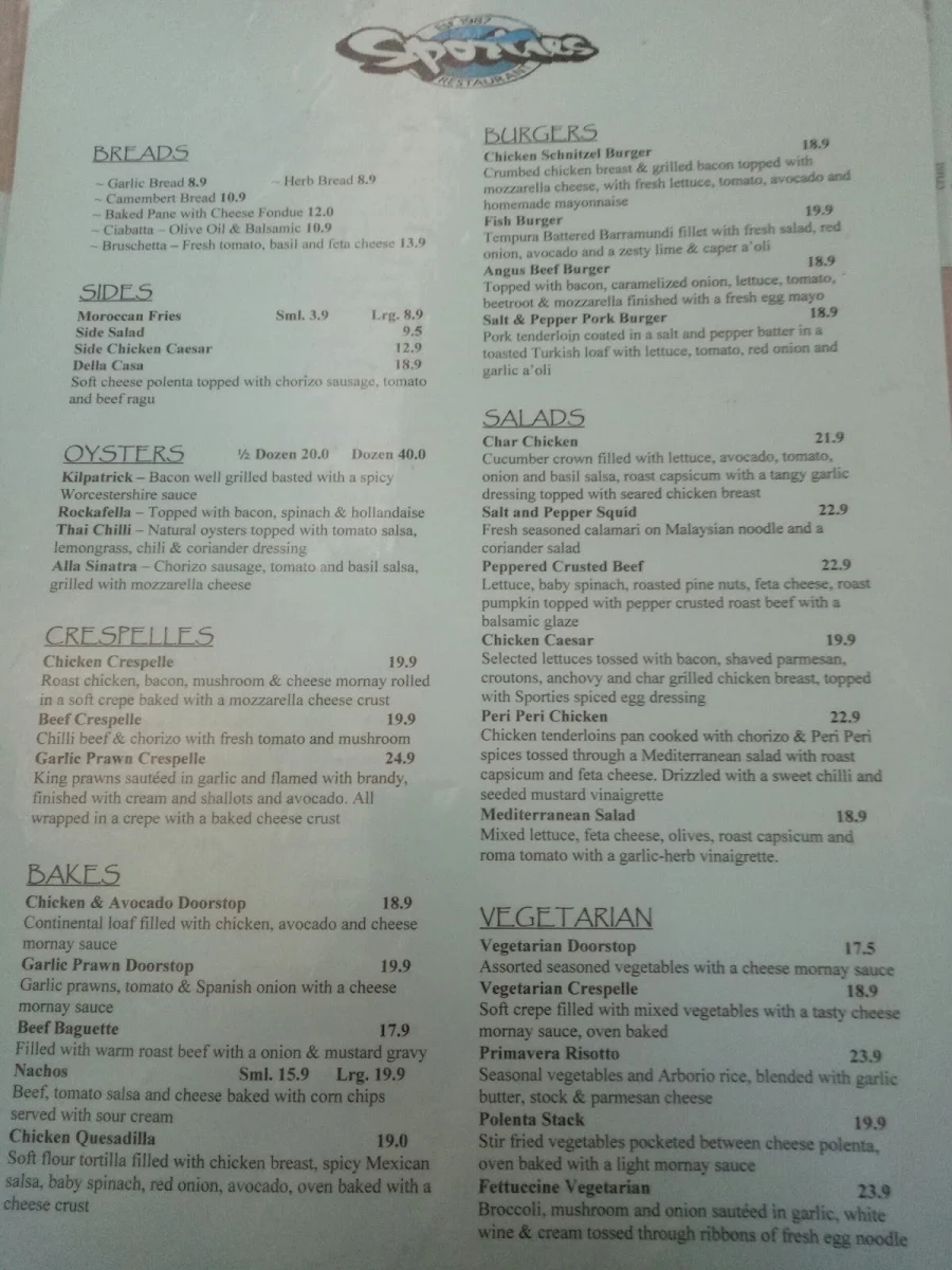 Menu, Sporties Restaurant