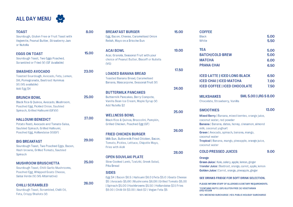 Menu, Daisy on the Esplanade