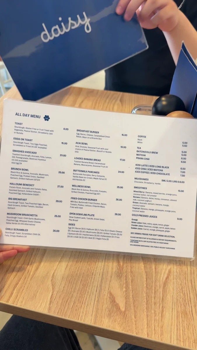Menu, Daisy on the Esplanade