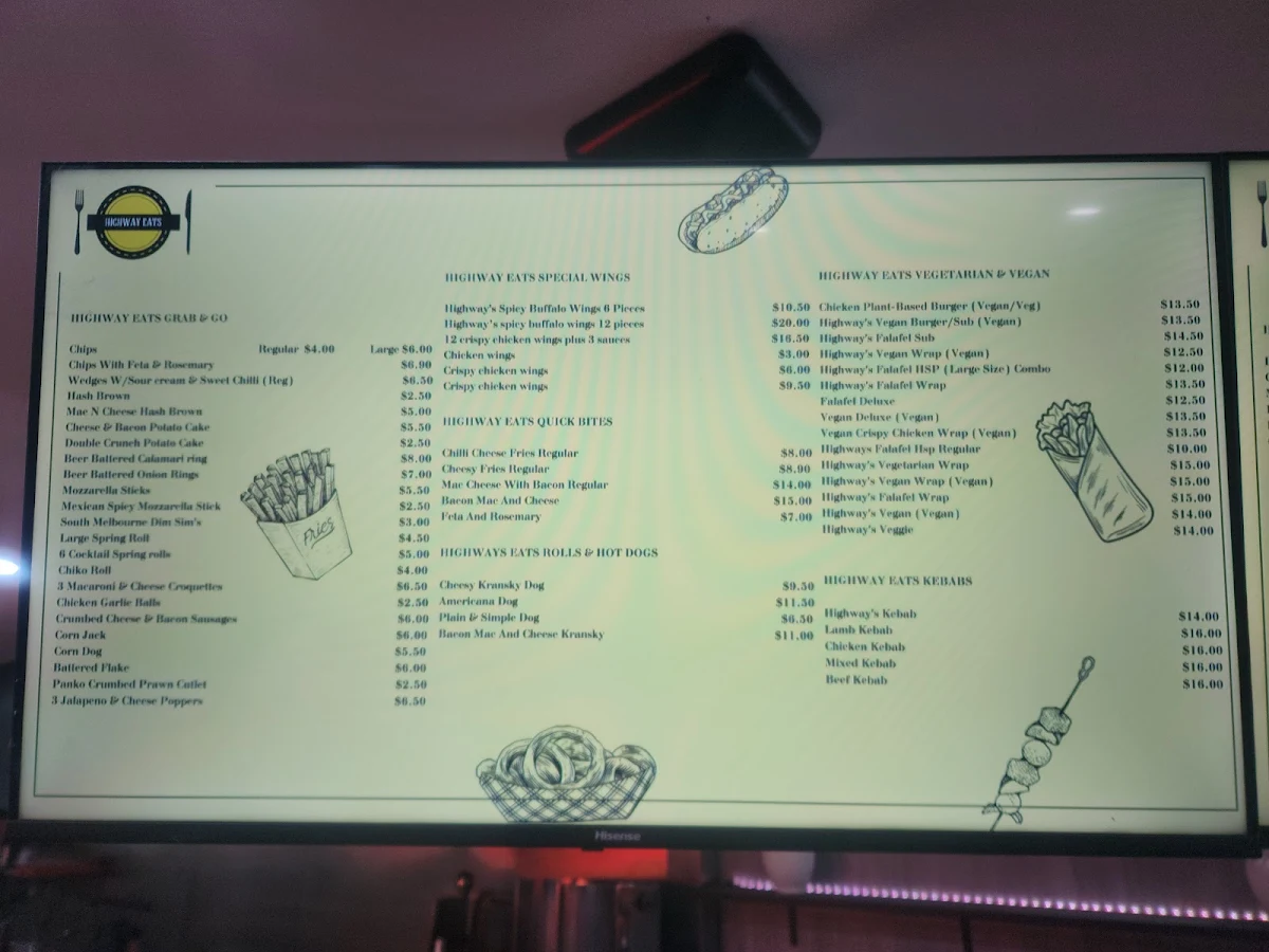 Menu, Highway Eats Burgers & Kebabs - Narre Warren