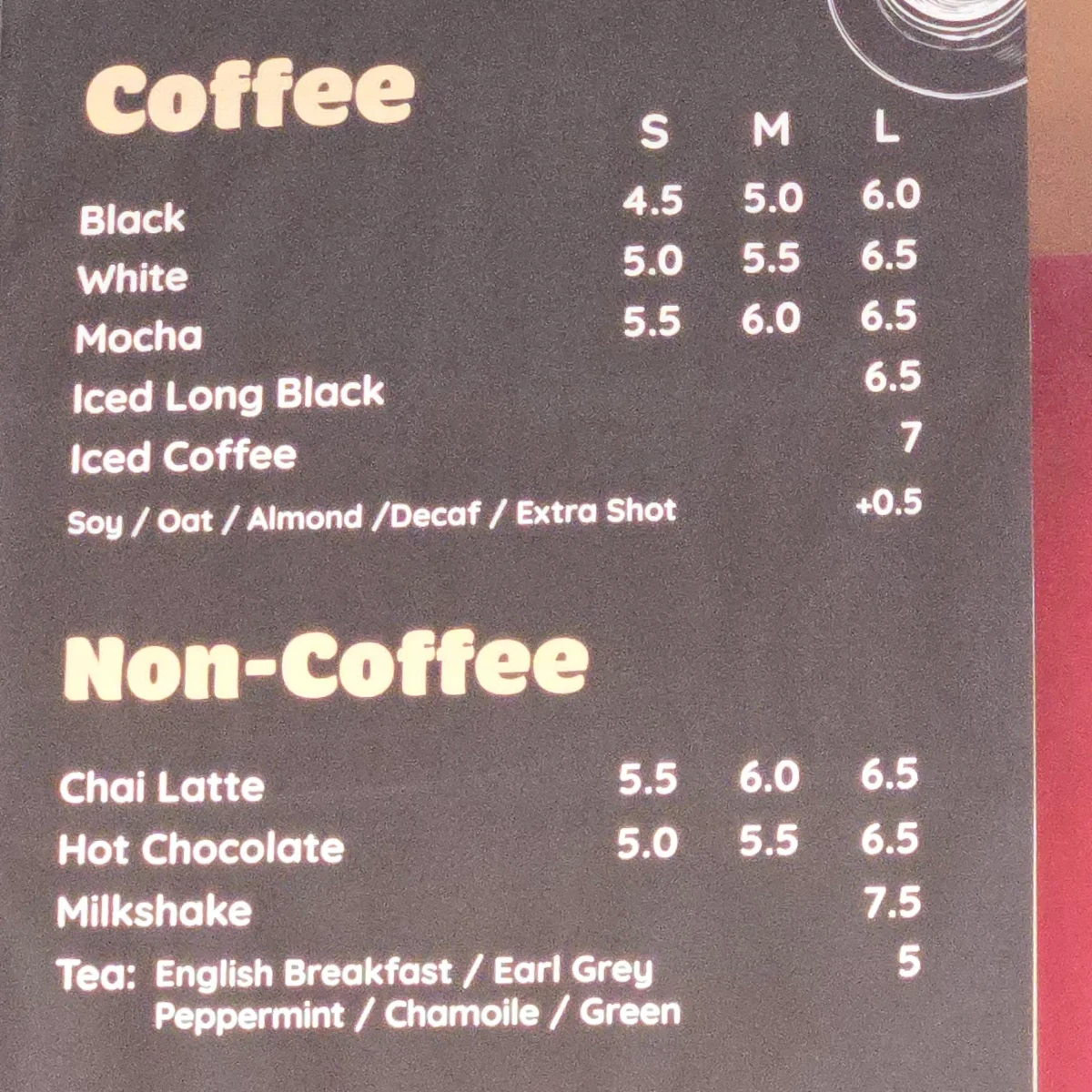 Menu, Pitstop Corner Cafe