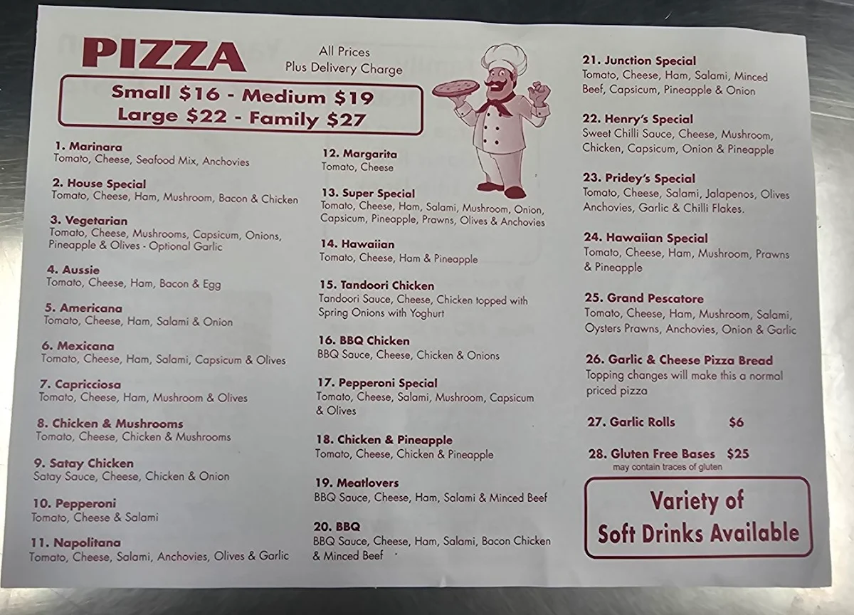 Menu, Yarra Junction Pizza
