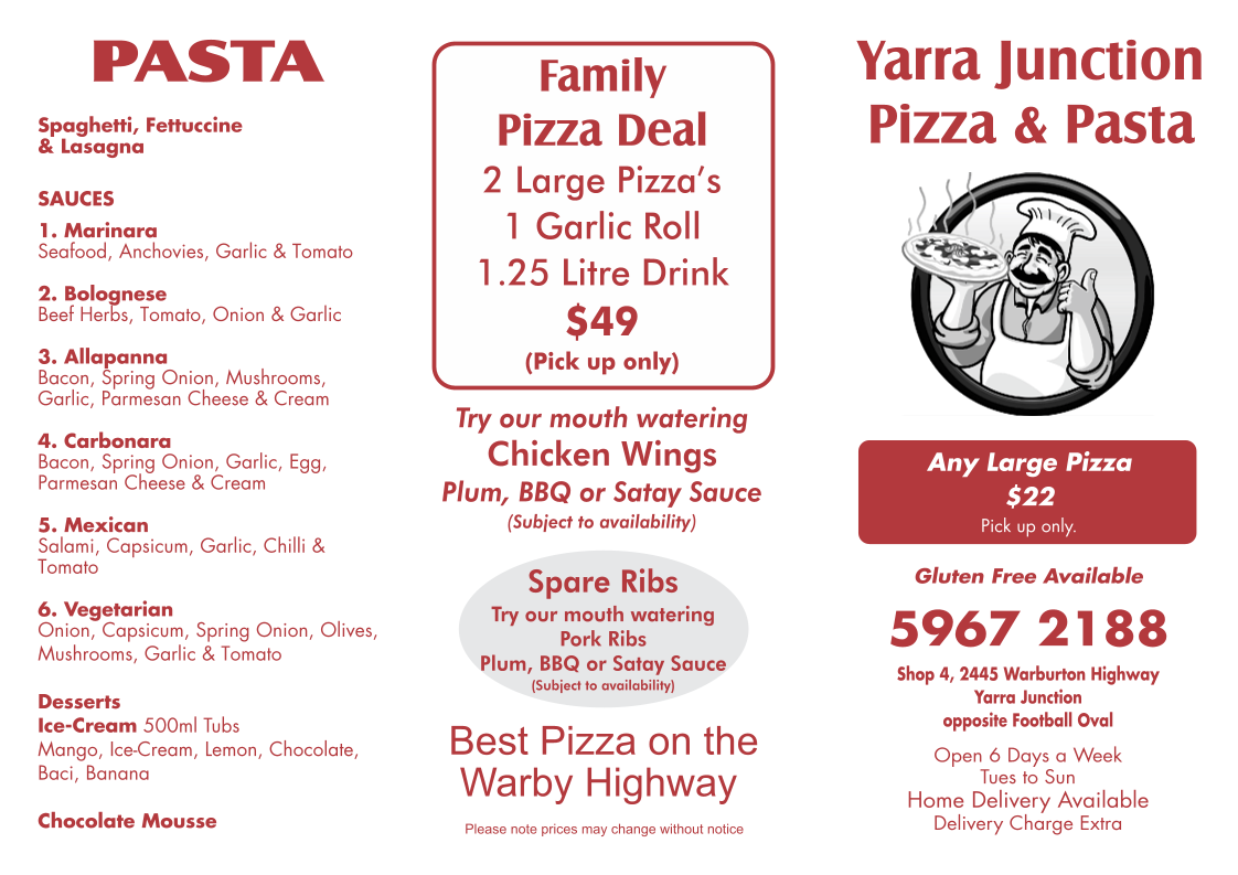 Menu, Yarra Junction Pizza