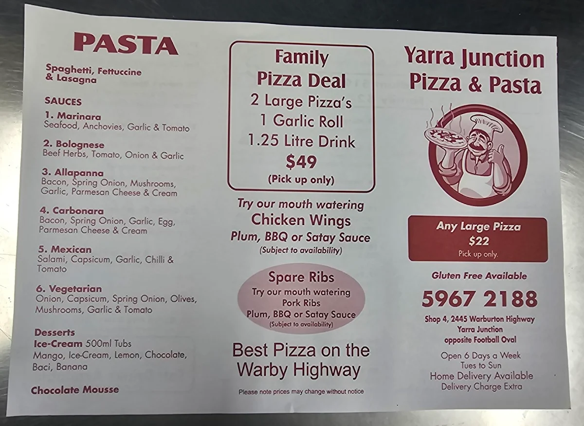 Menu, Yarra Junction Pizza